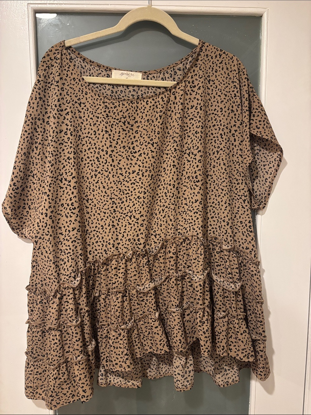Ruffled Short Sleeve Blouse - Tan Leopard Print